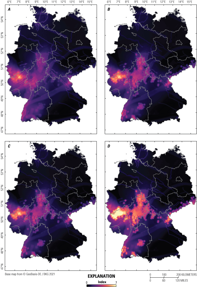 Alttext 5: All four maps have higher index values in central and southwestern Germany,
                     although map D has a high index value that is more widespread.