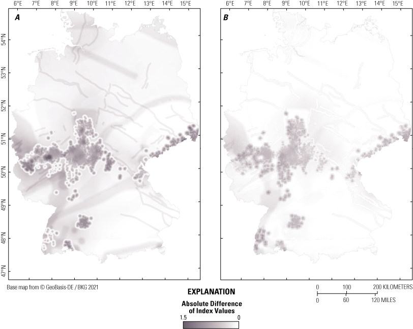 Alttext 6: Map A shows higher difference values than B. High values occur in both
                     maps where igneous rocks are present, in southwest and central Germany.