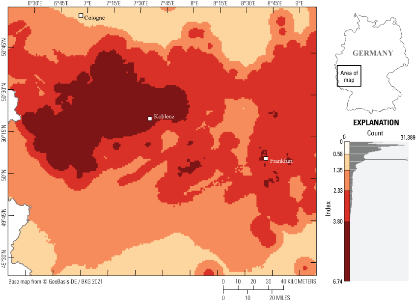 Alttext 9: There is a large area of high index values around Koblenz, and some smaller
                        areas around Frankfurt to the east.