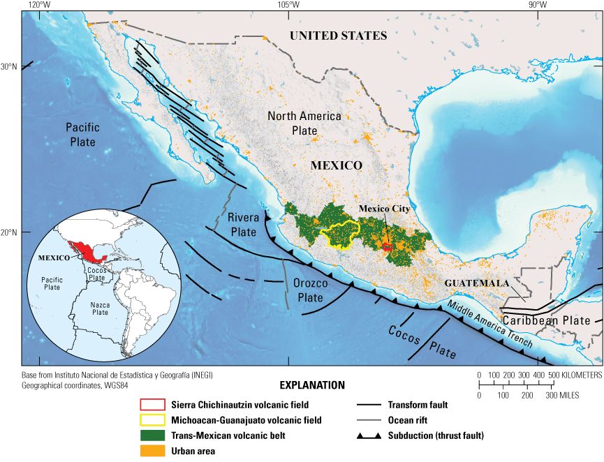 Alttext 1. The Sierra Chichinautzin and Michoacán-Guanajuato Volcanic Fields are located
om the central part of the Trans-Mexican volcanic belt, which expands east to west
in the middle of the country of Mexico.