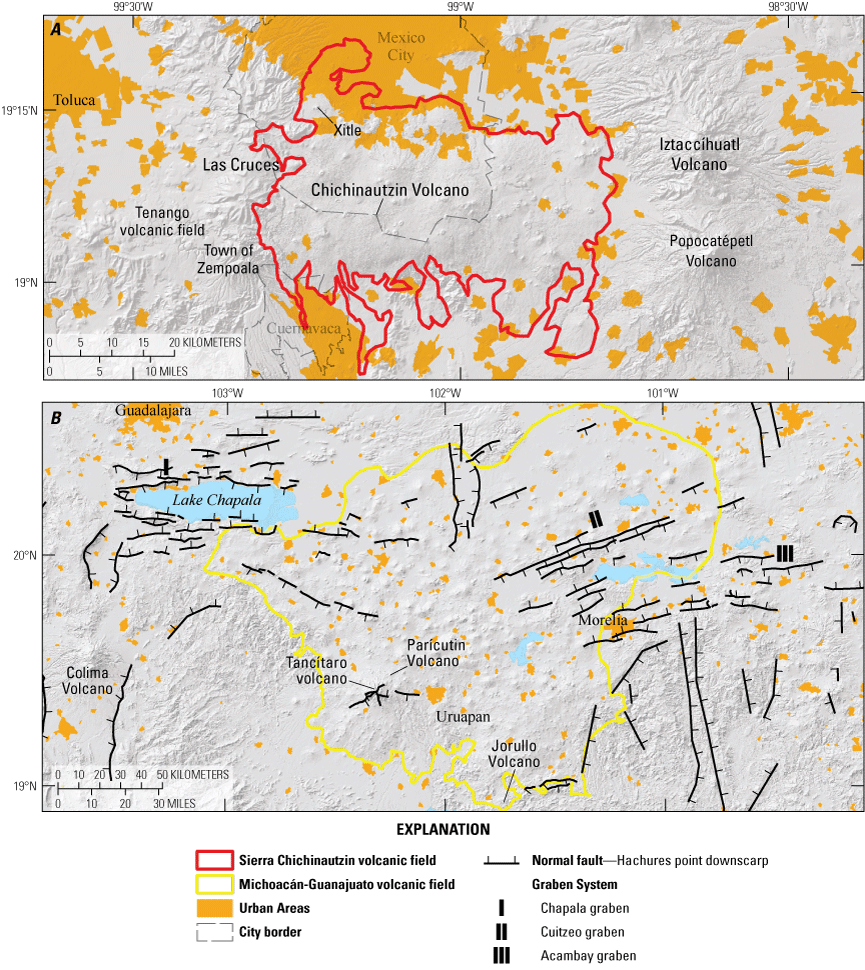Alttext 2. Chichinautzin Volcano is in the middle of the Sierra Chichinautzin volcanic
field, with the volcano Xitle sitting just north of it. The volcanic field is surrounded
by large urban areas directly to the north and south. Parícutin Volcano is in the
middle of the Michoacán-Guanajuato volcanic field. Jorullo Volcano is south of it,
and Tancitaro volcano is west of it. The urban areas are smaller than those surrounding
the Sierra Chichinautzin volcanic field and are few and far between.