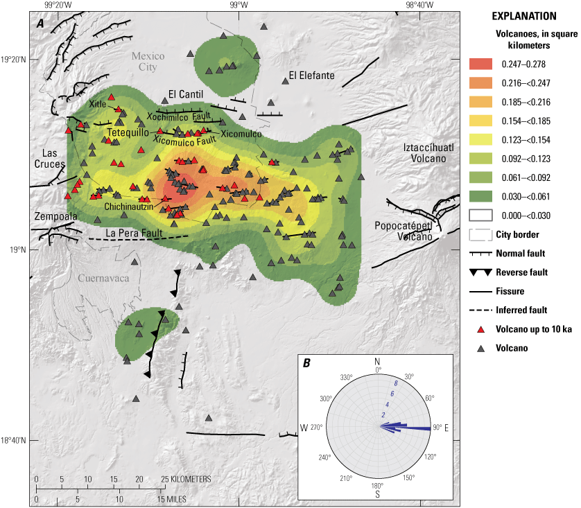 Alttext 3. The highest concentration of volcanoes is within the borders of Mexico
City. To the east, the concentration lowers, even though there are still several volcanoes.
The rose diagram shows that the faults, fissures, and vent alignments trend east to
west.