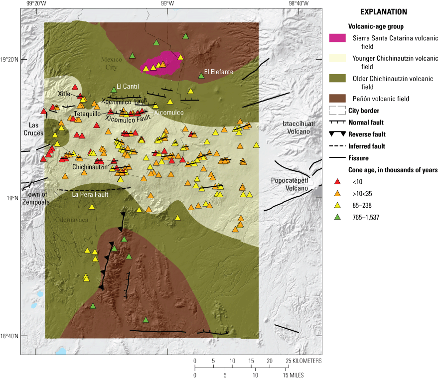 Alttext 5. The different ages of volcanism in the Chichinautzin volcanic field are
like a sandwich; the center is the youngest volcanism, and it is surrounded on both
sides by the older volcanism. The young volcanoes are spread throughout the younger
part of the field, and some have corresponding faults.