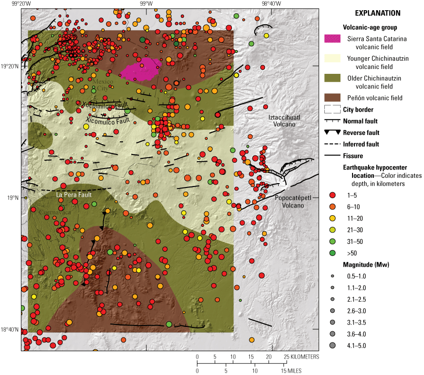 Alttext 6. Although clumped into a few groups, earthquakes show no discernible pattern
on the map and are mostly 1 to 5 kilometers in depth and vary from 0.5 to 5.0 magnitude.