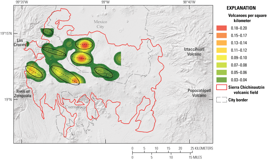 Alttext 7. The density of volcanoes in square kilometers is highest in the north and
northwest part of the Sierra Chichinautzin volcanic field.