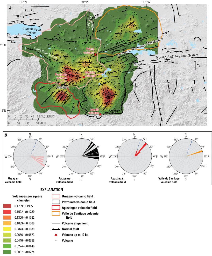 Alttext 8. The concentration of volcanoes is highest in the Uruapan, Pátzcuaro, and
Apatzingán fields. The Pátzcuaro volcanic field has the most variation in fault azimuthal
trend direction.