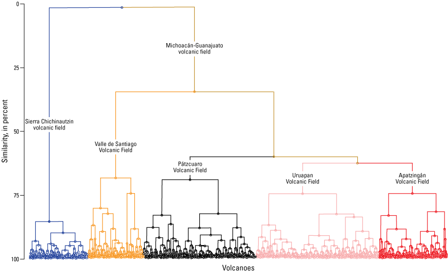 Alttext 9. Similarity of volcanoes from an initial value of 0 percent for the Sierra
Chichinautzin and Michoacán-Guanajuato volcanic fields. In the Michoacán-Guanajuato
volcanic field, the Valle de Santiago volcanic field shares about 30 percent of similarity
with the other three clusters, whereas this percentage increases to 60 percent among
the Pátzcuaro, Uruapan and Apatzingán volcanic fields.