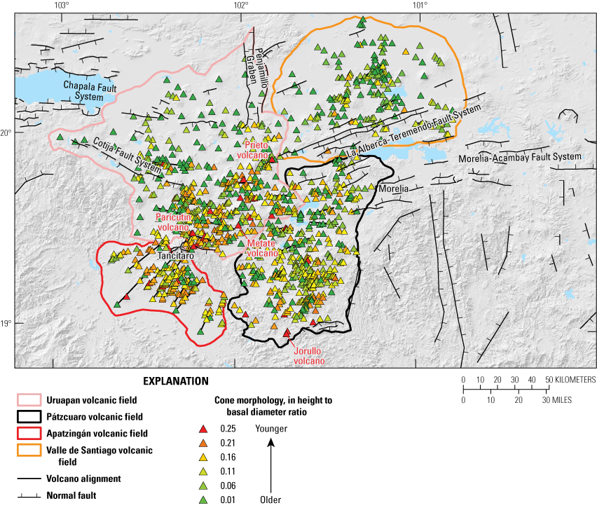 Alttext 11. The map area is dominated by older cones, but there are many young cones
within the Uruapan and Apatzingán volcanic fields.