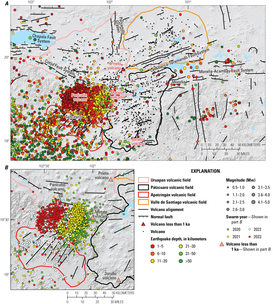 Alttext 12. The shallowest earthquakes are in the southeast area of the Uruapan volcanic
field, bordering the Apatzingán volcanic field, and deeper earthquakes appear further
southeast outside of the Apatzingán volcanic field. The shallow earthquakes seem to
be moving from east to west each year.