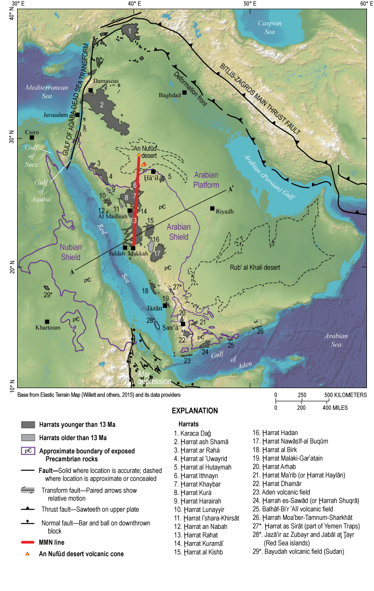 1.	Harrat volcanism stretches nearly 3,000 kilometers across the western part of the
                     Arabian Peninsula from the Karaca Dağ volcanic field of Turkey to the Gulf of Aden.