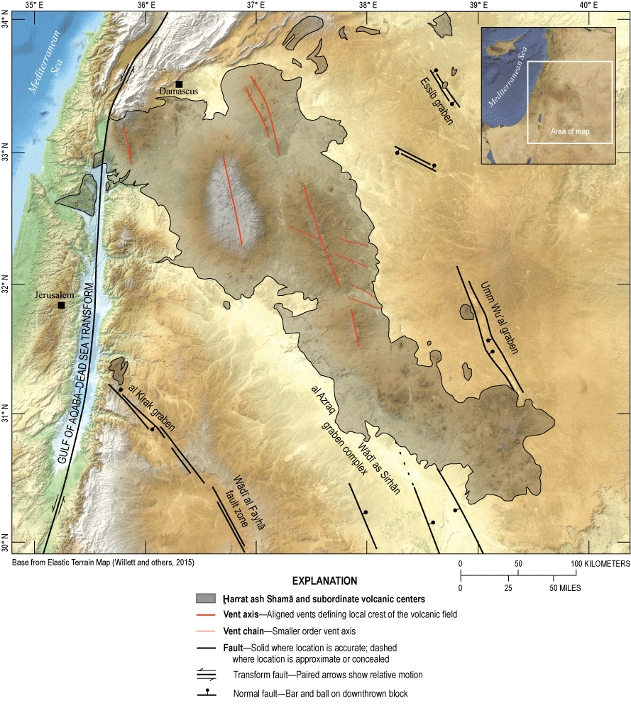 4.	Ḩarrat ash Shamā is composed of about five sub-harrats with vent alignments generally
                        oriented north-northwest to south-southeast.