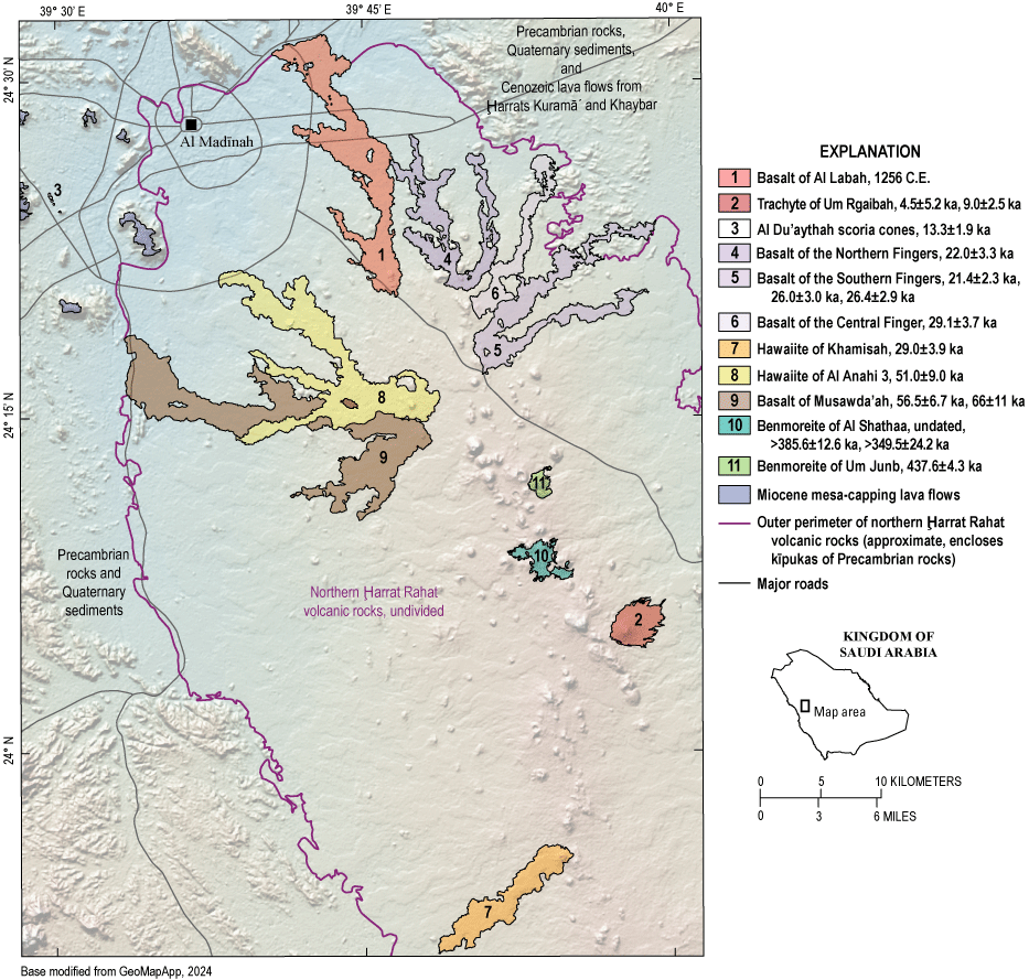 5.	Basalts and hawaiites tend to form elongate flows whereas trachytes and benmoreites
                           form small flows or domes.