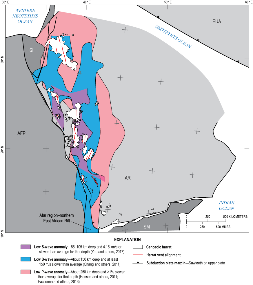 14.	Reversing the opening of the Red Sea and Gulf of Aden places the south end of
                     the Arabia Plate’s belt of major harrats and the underlying arch along the base of
                     the lithosphere adjacent to the Afar depression at the north end of the East Africa
                     Rift, consistent with there having been a continuous structure along the base of the
                     continental lithosphere that localized Cenozoic magmatism.