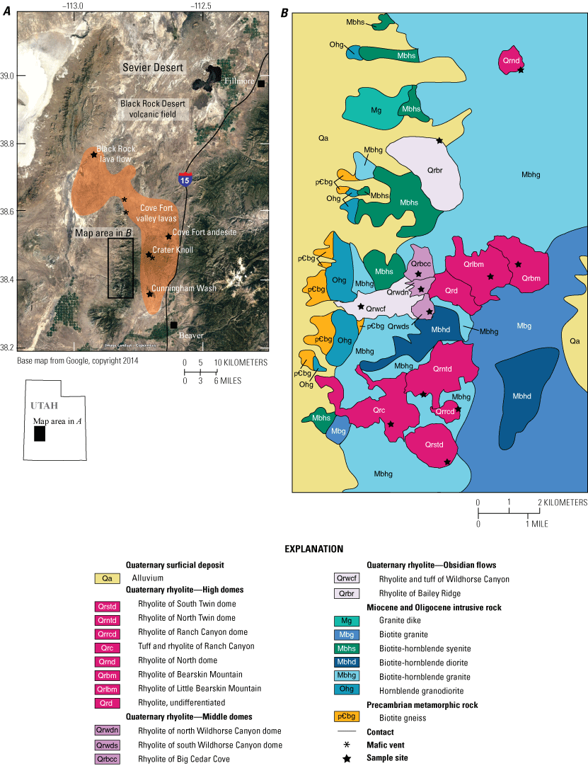 1. Study area west of Interstate 15 in southestern Utah. Quaternary rhyolites crop
                        out within Miocene and Oligocene intrusive rocks with Precambrian biotite gneiss and
                        Quaternary alluvium to the west.