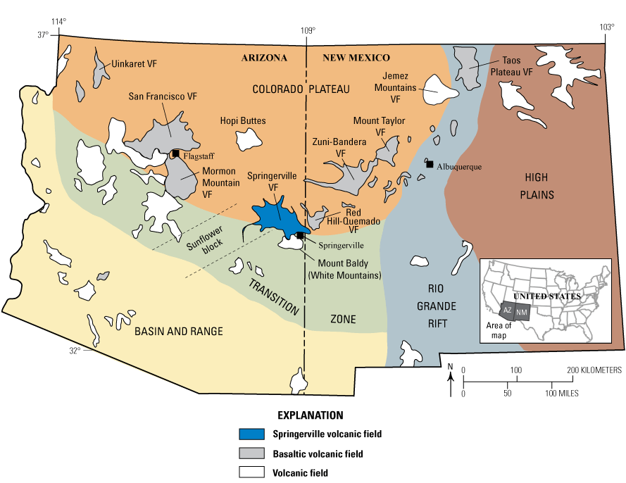 1.	Map is centered on the Springerville volcanic field near the border between Arizona
                     and New Mexico. Nine other volcanic fields are labeled around the edge of the Colorado
                     Plateau and many other volcanic fields are shown in greater region.