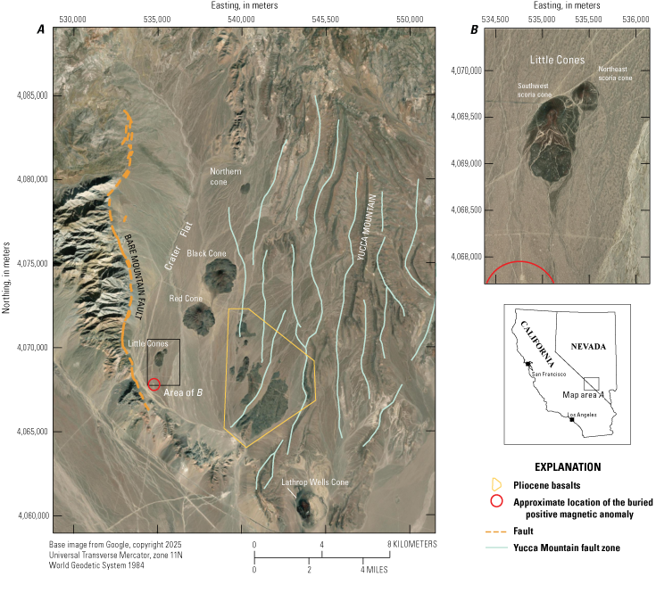 Little Cones are located within Crater Flat, between the Yucca Mountain fault zone
and Bare Mountain fault.