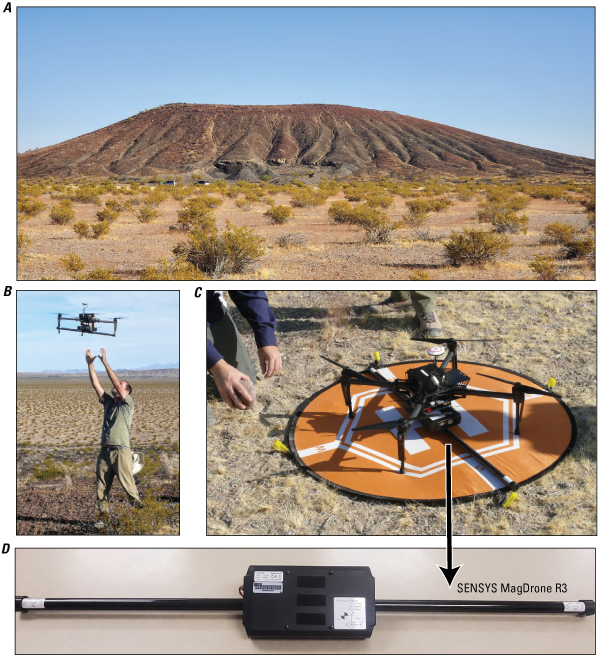 Red scoria cone, man catching unoccupied aerial vehicle (UAV), UAV with attached Mag
Drone R3 on launch pad, and Mag Drone R3