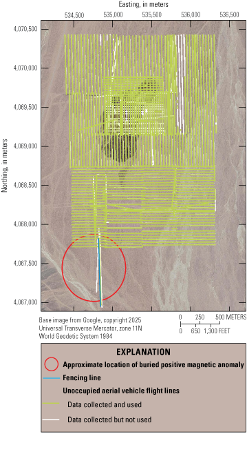 Closely spaced survey lines oriented north-south and east-west, with most indicating
data were collected and used.