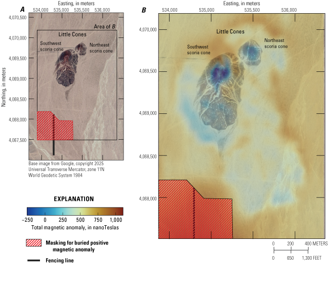 Total magnetic anomaly is most negative within Little Cones and negative to the south
southeast of the cones.