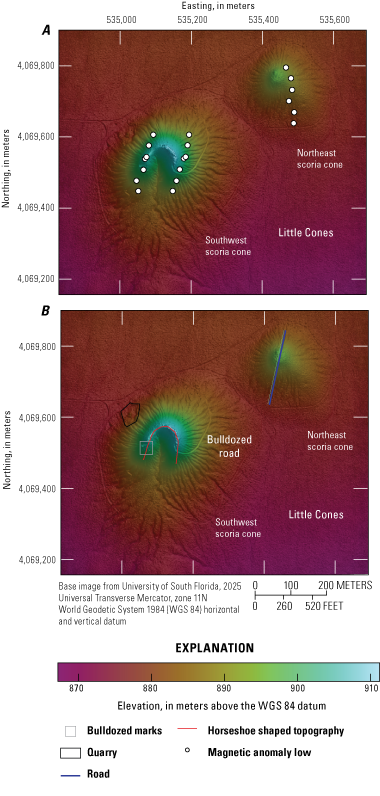 Magnetic anomaly lows traverse both cones and are generally oriented north-south.
Southwest cone opens to the south.