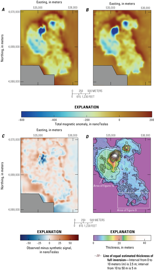 Estimated thickness of full inversion ranges from a few meters southeast of the cones
to more than 40 meters at the cones.