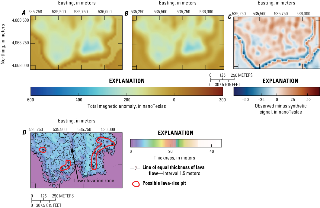 Southernmost extent of lava flow is less than 10 meters thick and has a low elevation
zone and three possible lava-rise pits.