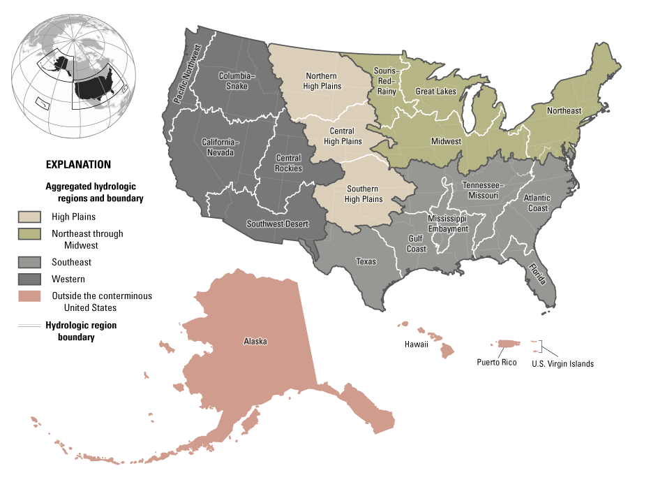 Map of the United States and territories including Puerto Rico and the U.S. Virgin
                     Islands. Hydrologic region groupings are outlined on the map.