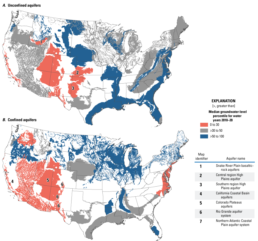 Maps showing conterminous United States with principal aquifers highlighted according
                        to whether the average water level was higher, lower, or approximately equal to long-term
                        median percentile for that aquifer during water years 2010–20.