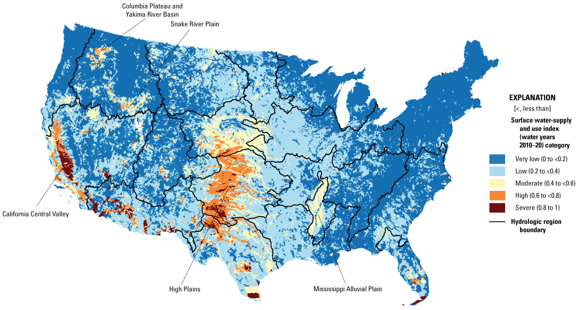 Map of conterminous United States with graduated color ramp of 12-digit hydrologic
                        unit code catchments. Color indicates the degree of limitation owing to the surface
                        water-supply and consumptive uses index.