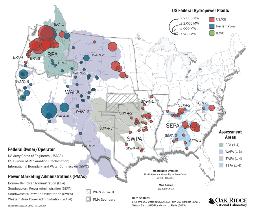 Map of conterminous United States showing Federal hydropower facilities and their
                        associated administrative units, referred to as Power Marketing Administrations. Facilities
                        are represented with circles and the size of the circle corresponds to the power output
                        of the facility, ranging from less than 200 megawatts to more than 2,000 megawatts.