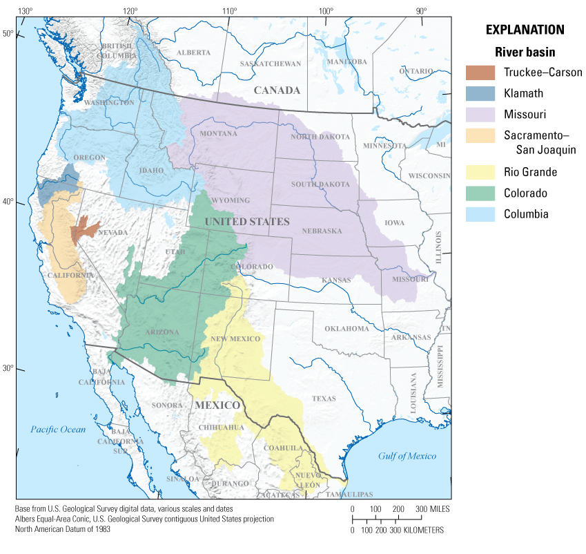 Map of Western part of the conterminous United States with seven river basins highlighted:
                        Colorado, Columbia, Klamath, Missouri, Rio Grande, Sacramento–San Joaquin, and Truckee–Carson
                        River Basins.