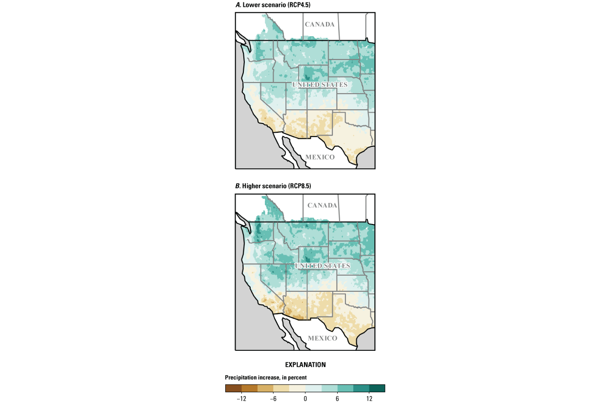 Two-part figure of maps of Western United States shaded by the projected change in
                        precipitation under two climate-change scenarios, RCP4.5 and RCP8.5. In both scenarios,
                        precipitation is projected to increase in the northern parts of the Western United
                        States and to decrease in the Southwestern United States in most of the States of
                        Texas, Arizona, New Mexico; large parts of California; and smaller parts of Colorado,
                        Oklahoma, Nevada, and Oregon.