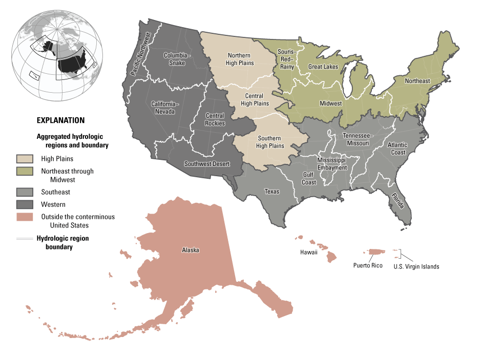 Hydrologic regions and aggregated hydrologic regions across the conterminous United
                        States, as well as in Alaska, Hawaii, Puerto Rico, and U.S. Virgin Islands.