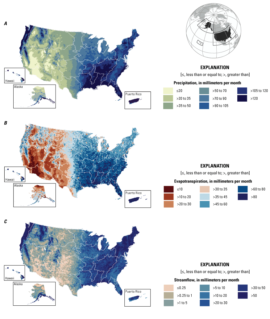 Average annual principal hydrologic fluxes in millimeters per month for precipitation,
                        evapotranspiration, and streamflow, in the conterminous United States, Alaska, Hawaii,
                        and Puerto Rico.