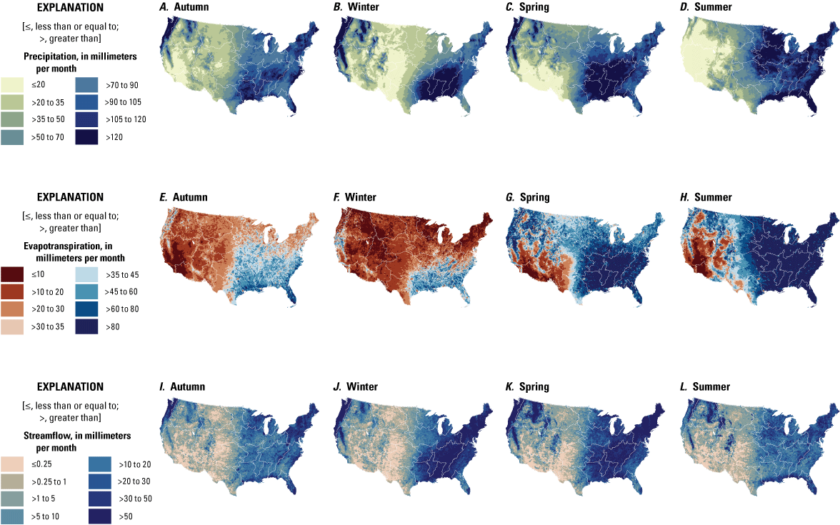 Average seasonal principal hydrologic fluxes (precipitation, evapotranspiration, and
                              streamflow) in millimeters per month for autumn, winter, spring, what and summer from
                              precipitation, evapotranspiration, and streamflow, across the conterminous United
                              States.