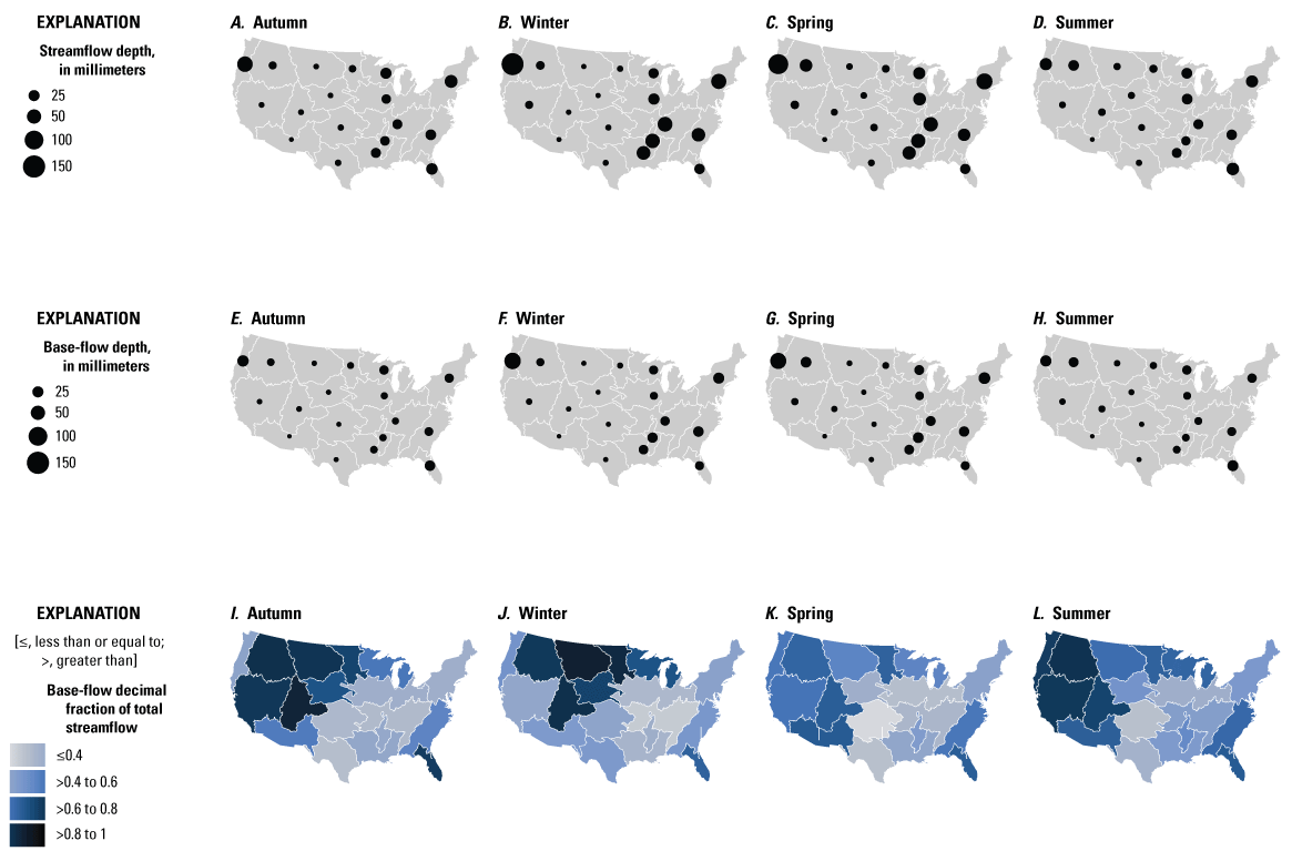 Seasonal streamflow depth, base-flow depth, and base-flow fraction (base flow as a
                              fraction of total streamflow), summarized by hydrologic region across the conterminous
                              United States.