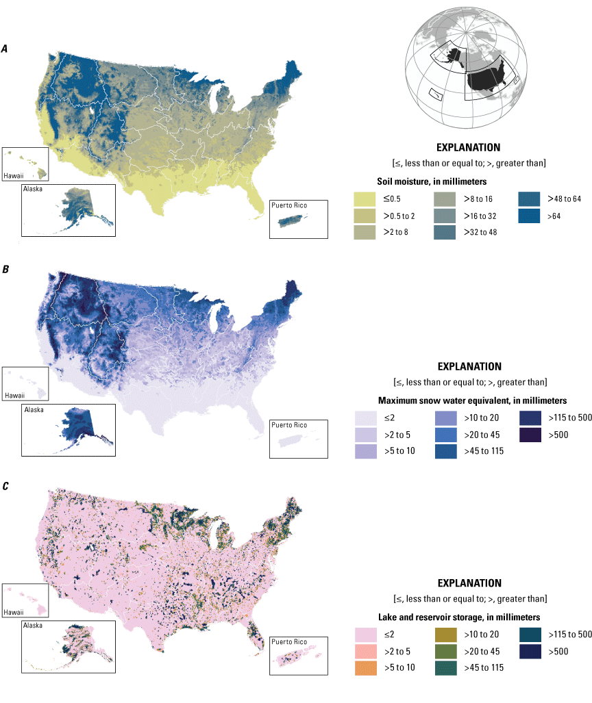 Average annual storage of water in soil moisture, snow water equivalent, and lakes
                        and reservoirs in the conterminous United States, Alaska, Hawaii, and Puerto Rico.