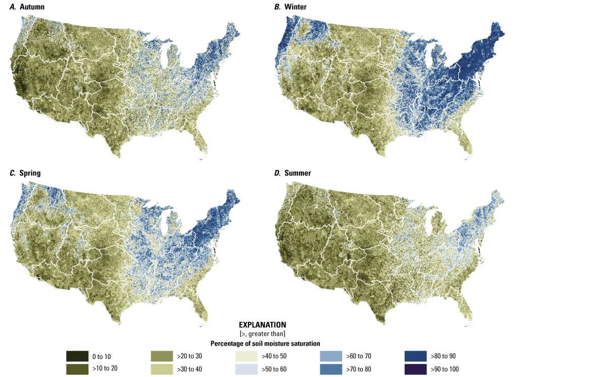 Percentage of saturation of seasonal soil moisture during autumn, winter, spring,
                        and summer, across the conterminous United States.