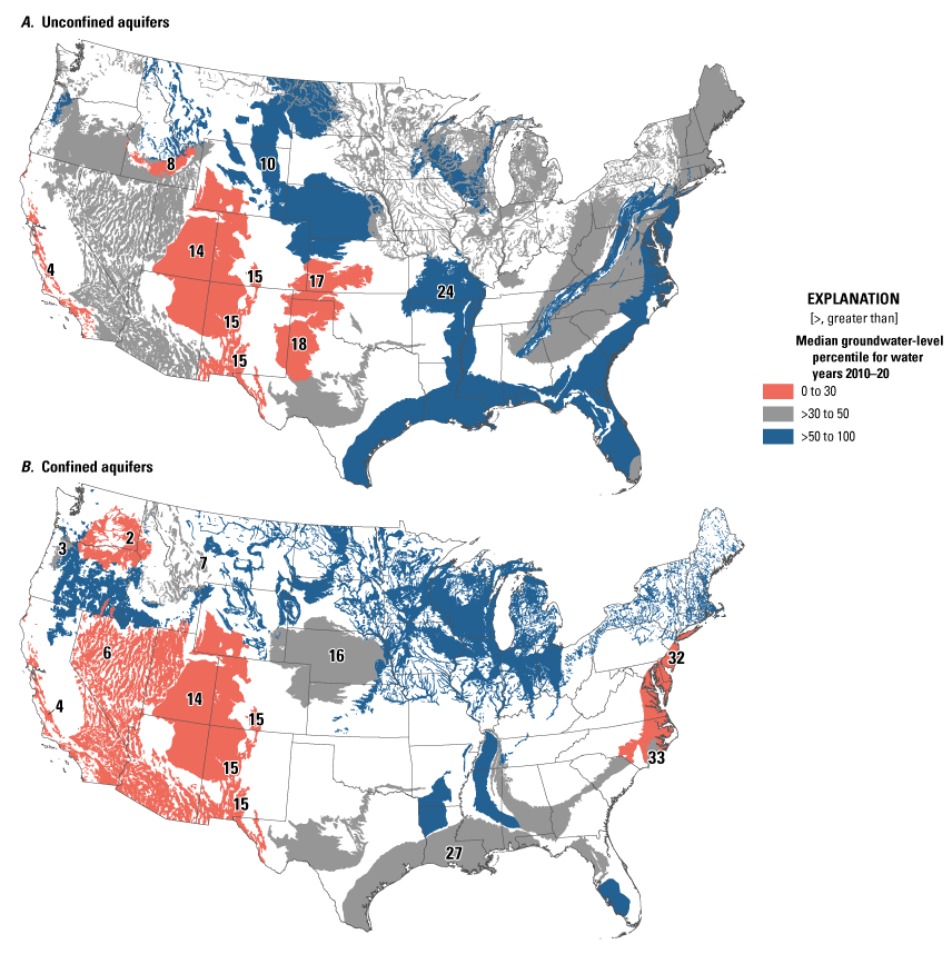 Median groundwater-level percentiles, by principal and regional aquifer, for confined
                              aquifers and unconfined aquifers, in the conterminous United States across the period
                              of analysis (water years 2010–20).