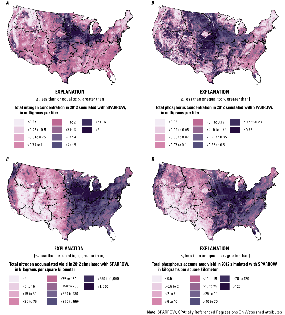 Predictions of total nitrogen concentration, total phosphorus concentration, total
                        nitrogen accumulated yield, and total phosphorus accumulated yield from 2012 SPARROW
                        models.
