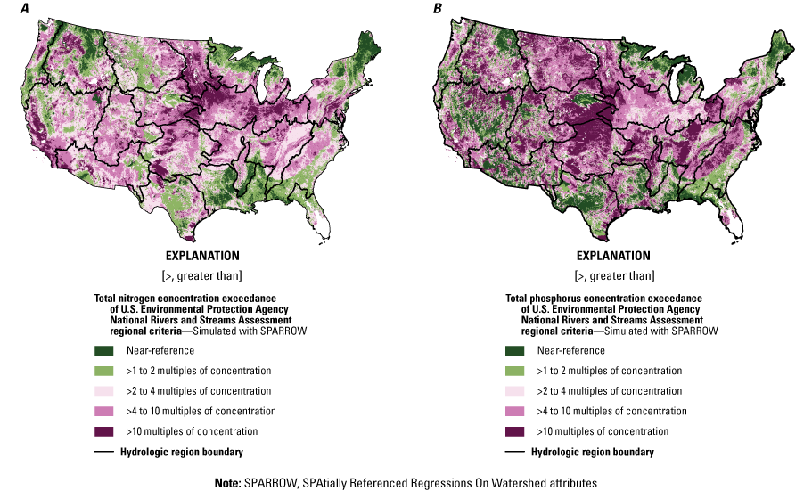 Predictions of 2012 mean annual SPARROW nutrient concentrations benchmarked against
                        U.S. Environmental Protection Agency National Rivers and Streams Assessment regional
                        water-quality thresholds for the least disturbed, near-reference condition for total
                        nitrogen concentration and total phosphorus concentration.