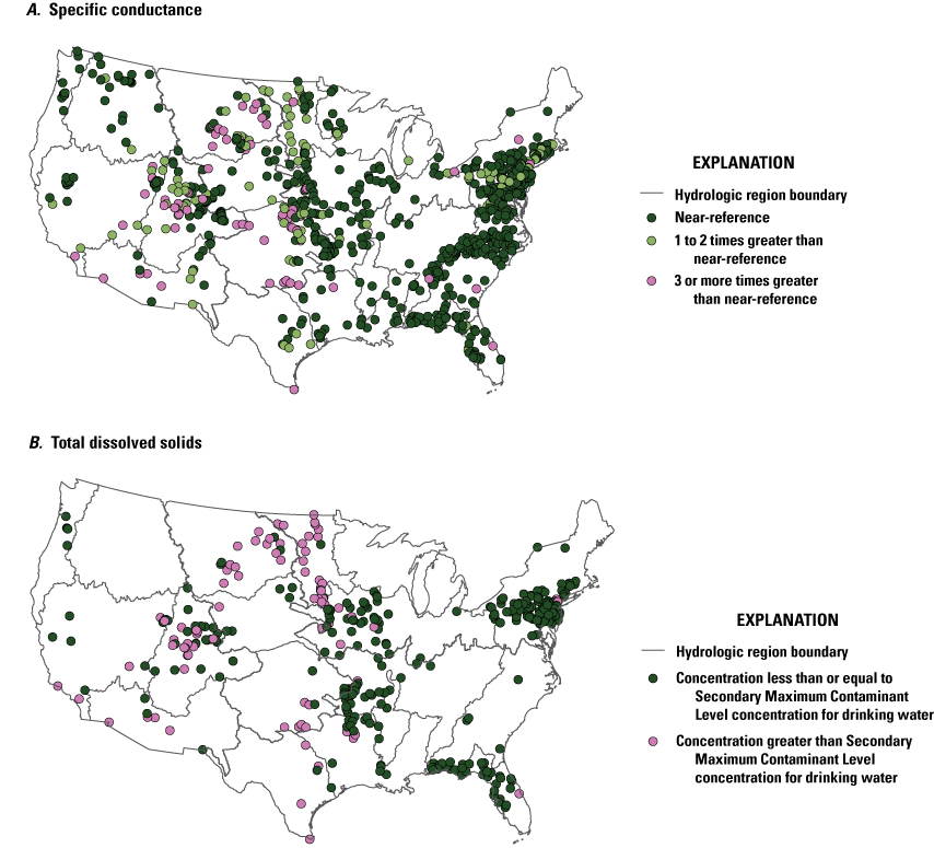 Specific conductance in surface water benchmarked against. U.S. Environmental Protection
                        Agency regional water-quality thresholds for the least-disturbed, near-reference condition
                        and total dissolved solids benchmarked against the 500 milligrams per liter national
                        Secondary Maximum Contaminant Level, in the conterminous United States.