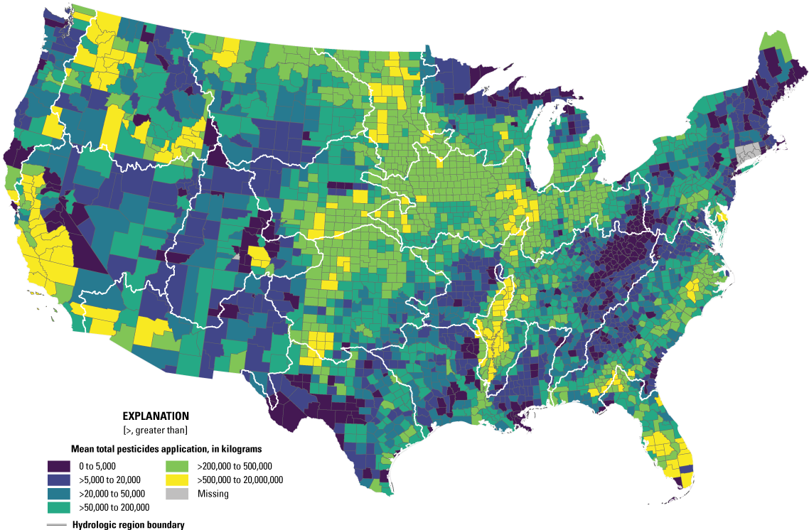 Mean annual application of total reported pesticides at county scale across the conterminous
                           United States, 2013–17.