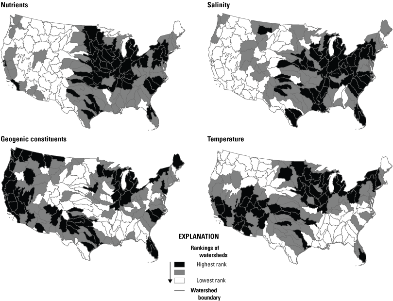 Conterminous United States showing watershed rankings from highest to lowest considering
                           four water-quality constituent groups and societal factors.