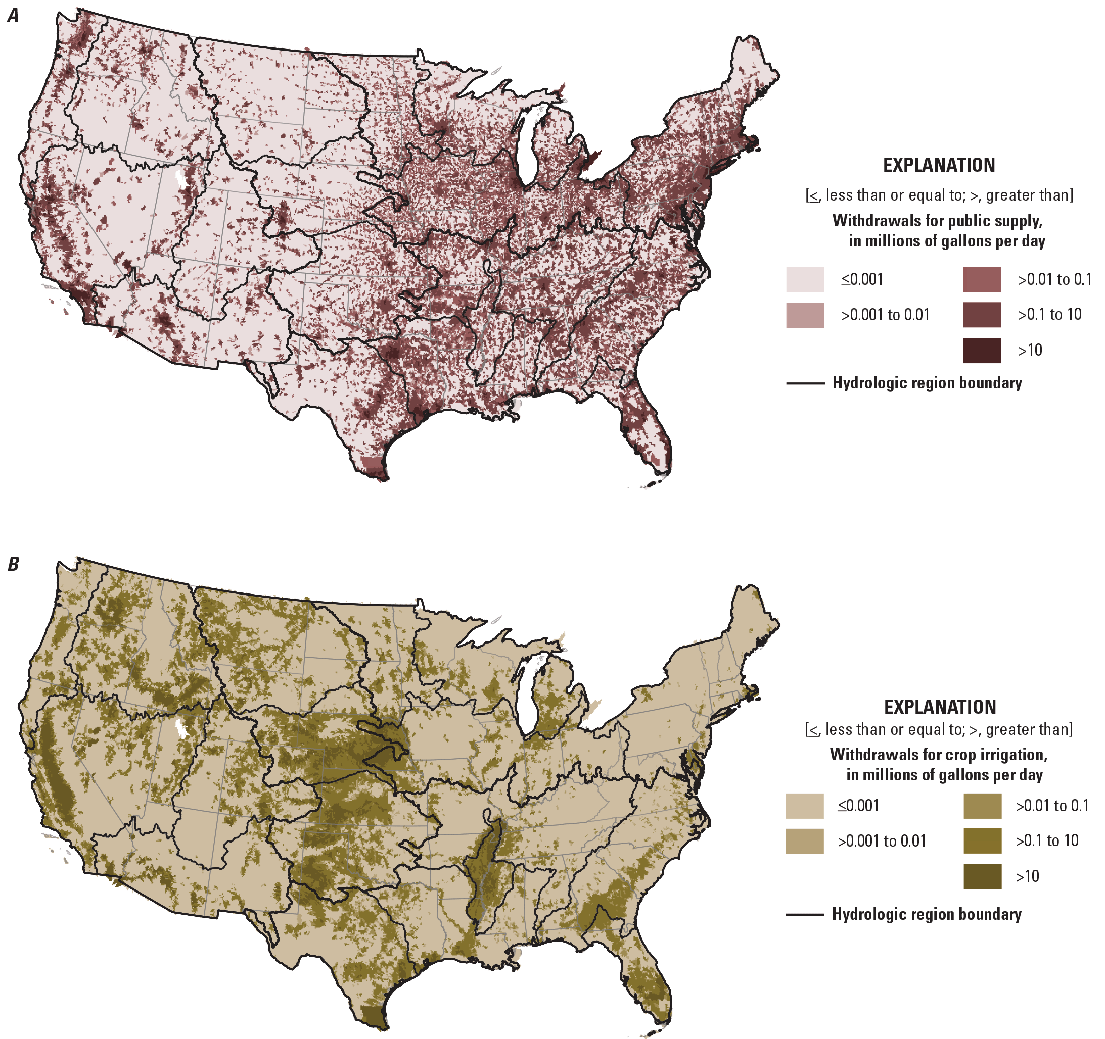 Model estimates showing mean annual water withdrawals for public supply, crop irrigation,
                     thermoelectric-power use, and sum of all three uses, across the conterminous United
                     States (CONUS) by hydrologic regions and 12-digit hydrologic unit codes (HUC12s),
                     during water year 2020.