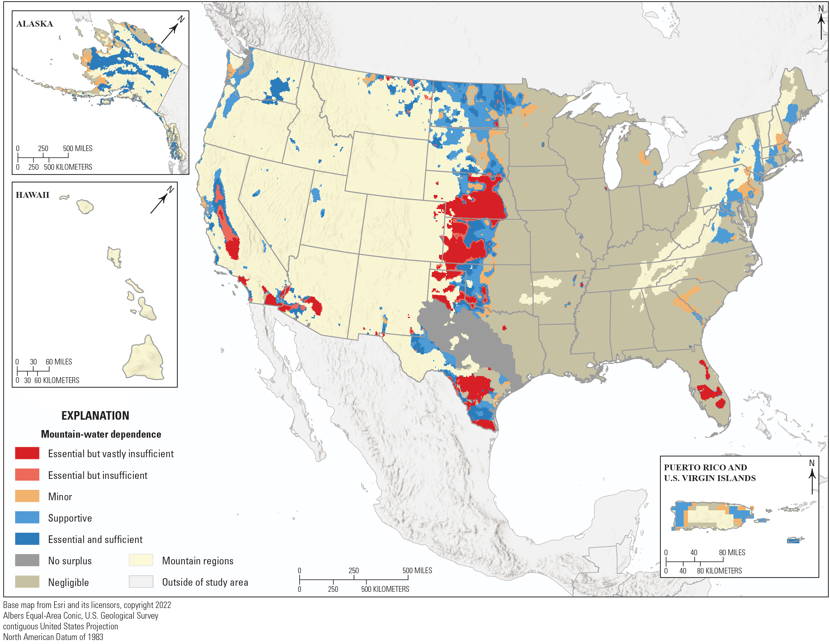 Mountain-water dependence of populations in lowland areas of the United States.