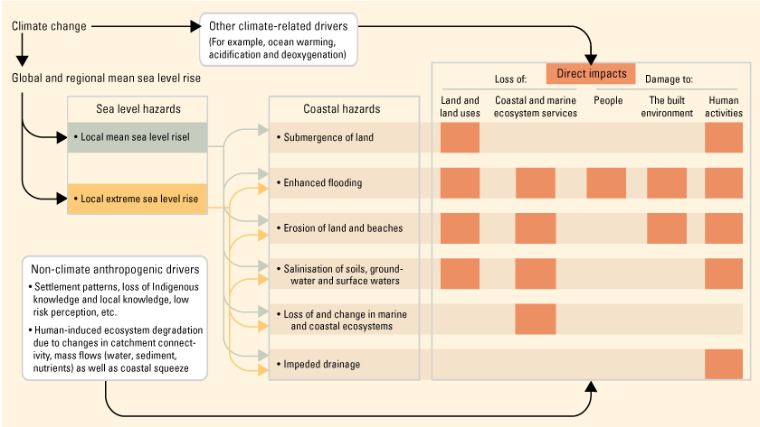 Cascading effects of sea-level rise listing coastal hazards and direct impacts on
                           people, ecosystems, and the built environment.
