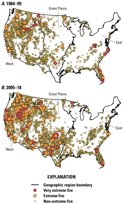 Changes in fire frequency in the conterminous United States during two periods, 1984–99
                           and 2005–18, showing higher frequency in the later period.