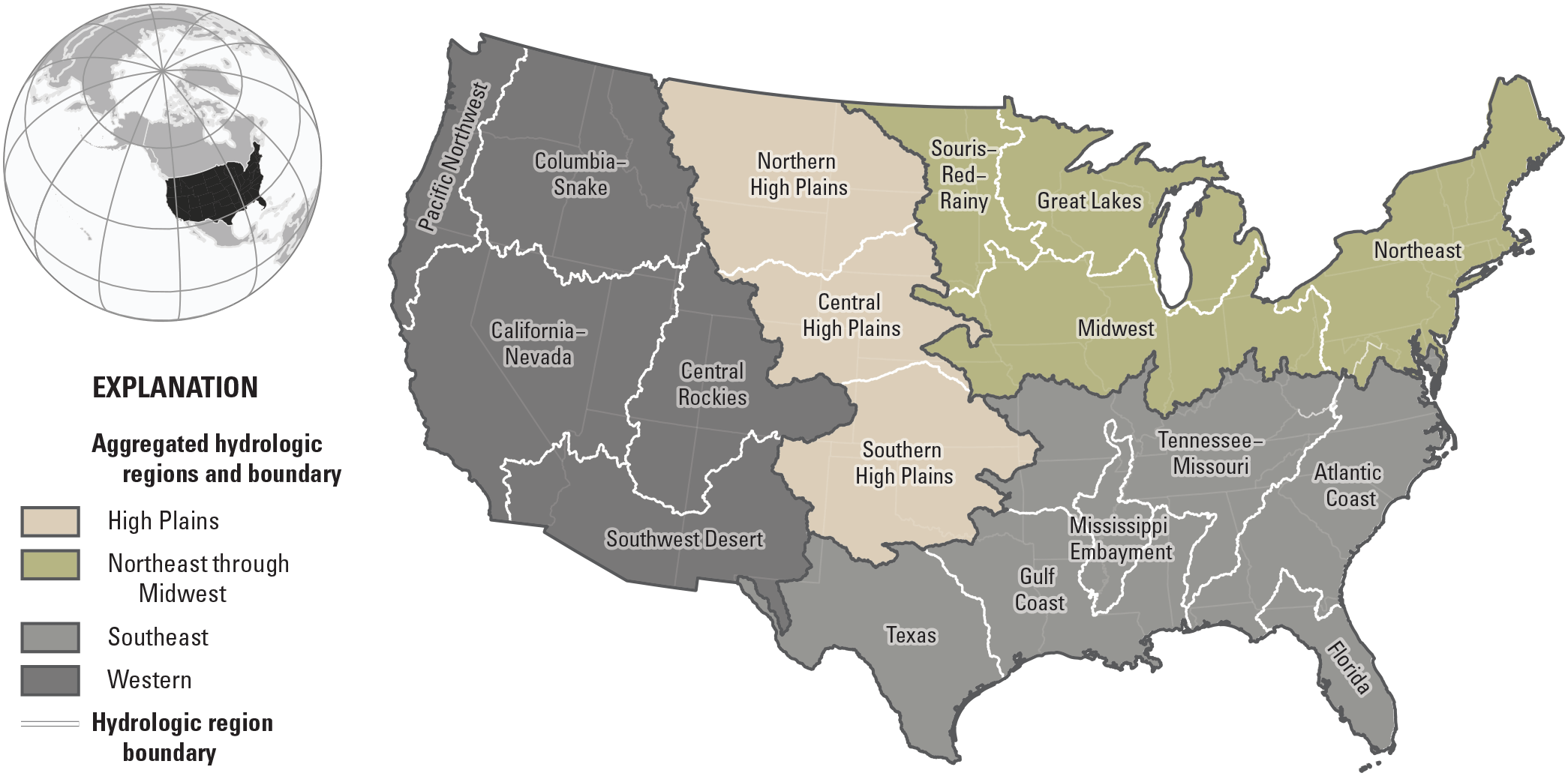 The conterminous United States. Hydrologic region groupings are outlined on the map.