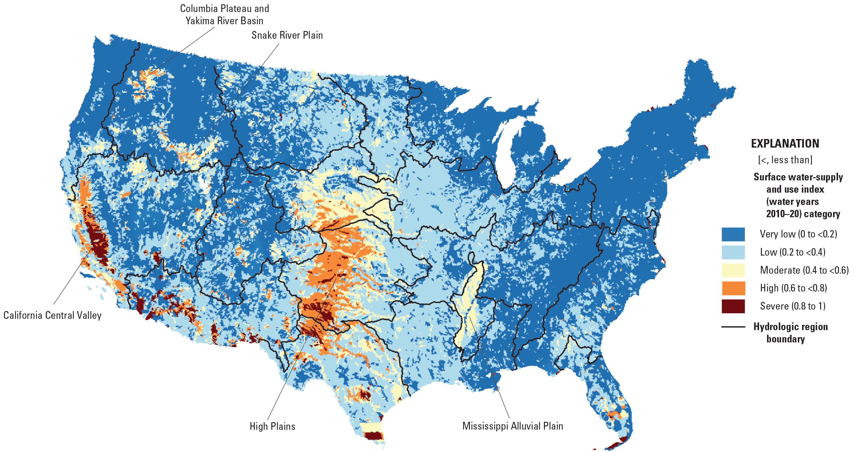 Map of conterminous United States with graduated color ramp of 12-digit hydrologic
                     unit code catchments. Color indicates the degree of limitation owing to the surface-water-supply
                     and consumptive uses index.